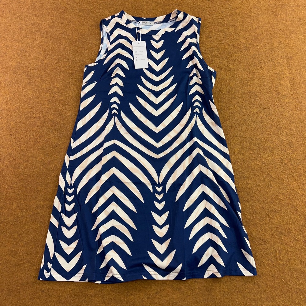 Wiholl Womens Medium Blue Geometric Chevron Sleeveless Crew Neck Shift Dress